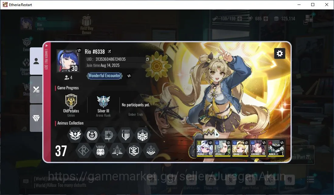 Etheria: Restart Accounts Mid‑Tier EU - S8| 7 SSR(Mio, Tsukiyo, Khloros, Beyontin, TiamatP1, ETC) 23SR Animus |Male MC|Log 2