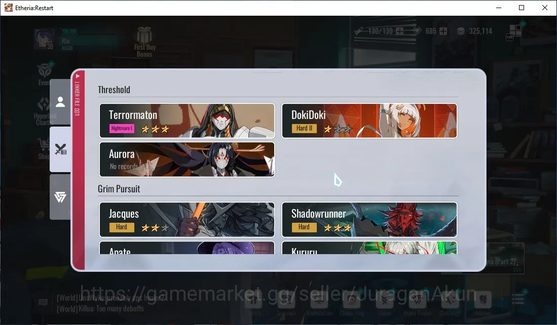 Etheria: Restart Accounts Mid‑Tier EU - S8| 7 SSR(Mio, Tsukiyo, Khloros, Beyontin, TiamatP1, ETC) 23SR Animus |Male MC|Log 3