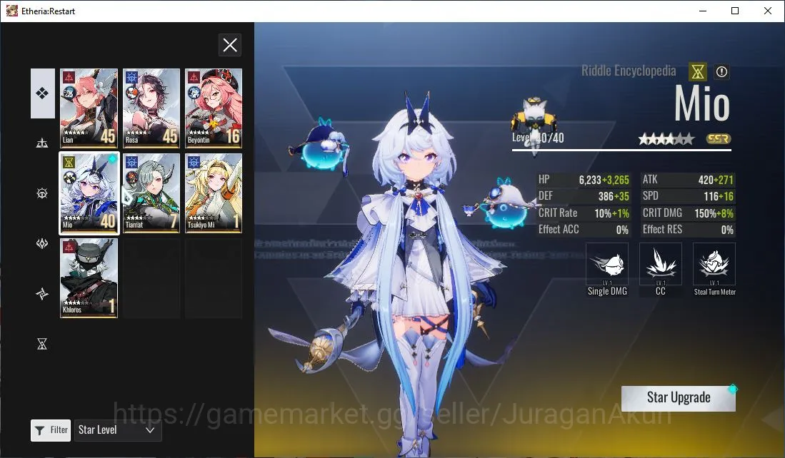 Etheria: Restart Accounts Mid‑Tier EU - S8| 7 SSR(Mio, Tsukiyo, Khloros, Beyontin, TiamatP1, ETC) 23SR Animus |Male MC|Log 4