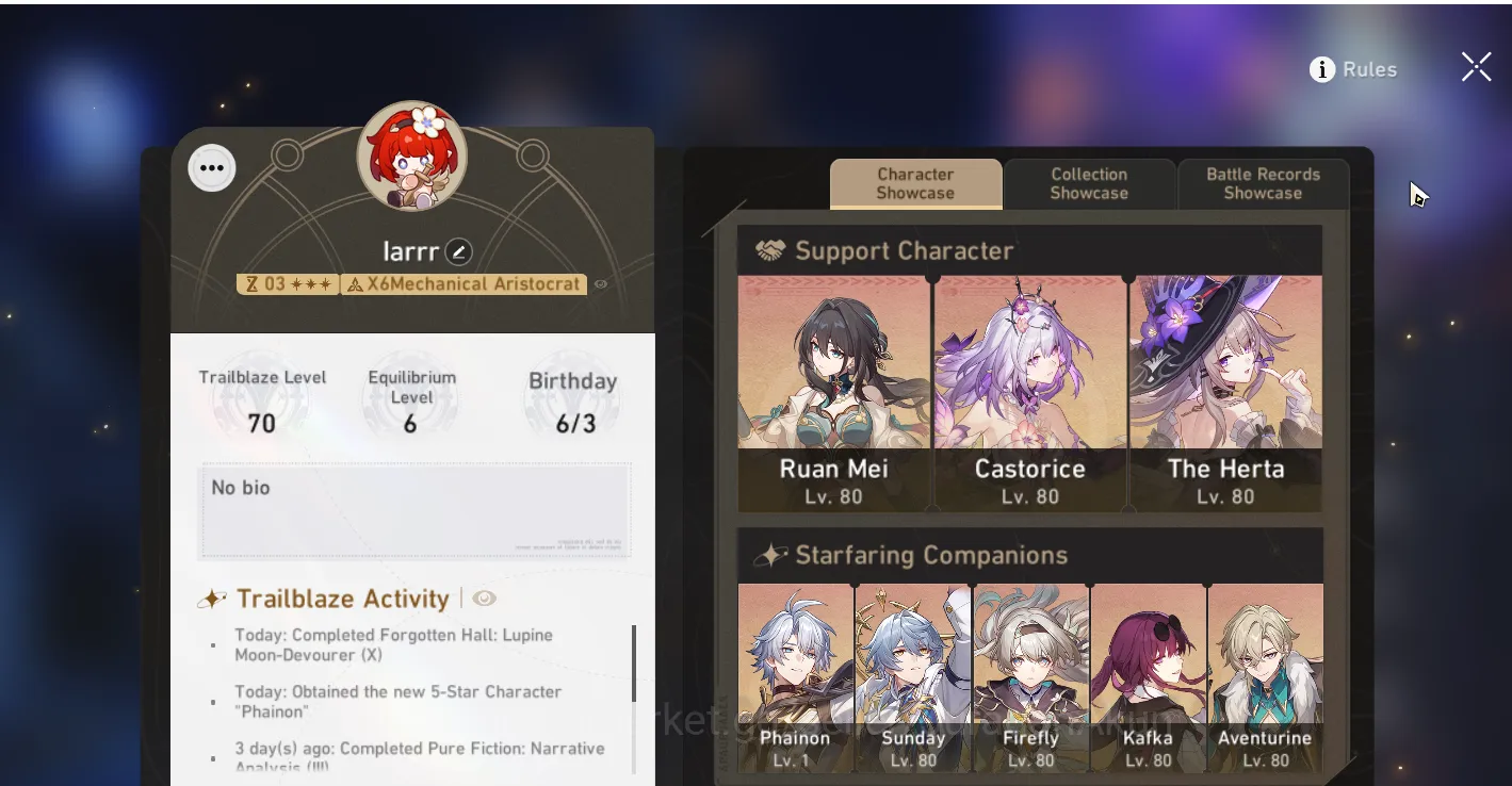 Honkai Star Rail Mid Game ASIA [TL70] 8 Limited (Castorice E1+Sign S2,The He image 1