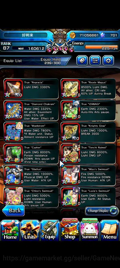 Grand Summoners Accounts Mid-Game Global|Rank 87|19 Ascend|RoyTW,Summer 5