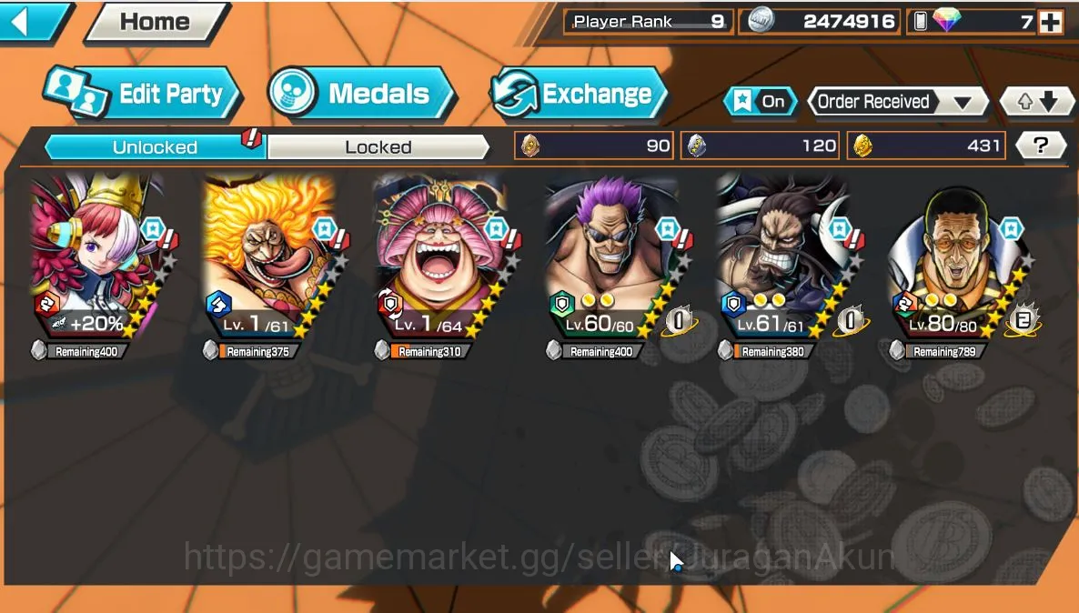 One Piece Bounty Rush Accounts Mid-Tier Global|4 META EX[CharlotteLinlin,OlintheOiran,Zephyr,Kaido,Etc]Rank 9|Log