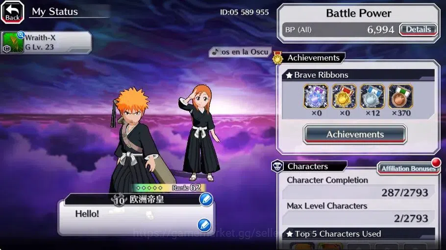 Bleach: Brave Souls Accounts Starter Global | 15k Orb + 37M Coin|Ichigo,Orihime|Main Story Hard 100%|6994 BP | KlabID|Check 1