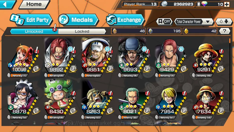 One Piece Bounty Rush Accounts Mid-Tier Global|5 META EX[Kuzan,SakaZuki,Shanks,FR Shanks,ETC]Rank 13|Log Bandai|Check 3