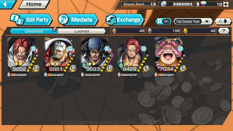 One Piece Bounty Rush Accounts Mid-Tier Global|5 META EX[Kuzan,SakaZuki,Shanks,FR Shanks,ETC]Rank 13|Log Bandai|Check 4
