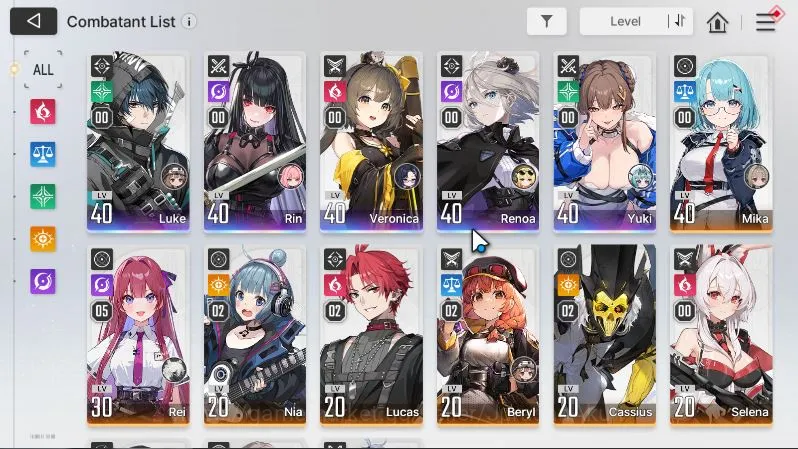 Chaos Zero Nightmare Accounts Global Lv34|MidGame|5 SSR(Luke,Rin,Vero,Renoa,Yuki) 10 SR(BerylM2,CassiusM2) 9 SR Partner 3