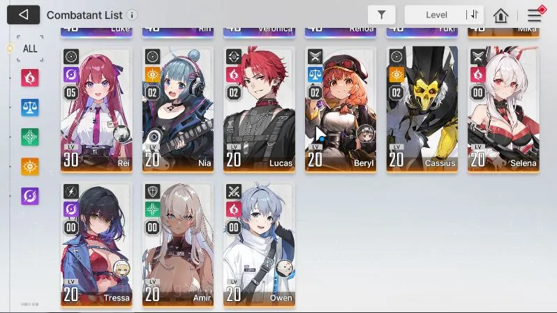 Chaos Zero Nightmare Accounts Global Lv34|MidGame|5 SSR(Luke,Rin,Vero,Renoa,Yuki) 10 SR(BerylM2,CassiusM2) 9 SR Partner 4