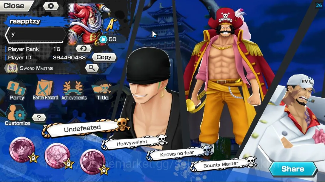 Global| 4META EX|Onigashima Roronoa Zoro,Fleet Admiral sakazuki,Onigasima Kid&Law,Etc|Rank16|Log Bandai|CheckSS(OPBR1104) One Piece Bounty Rush Mid-Tier Global| 4META EX|Onigashima Roronoa Zoro,Fleet Adm image 1