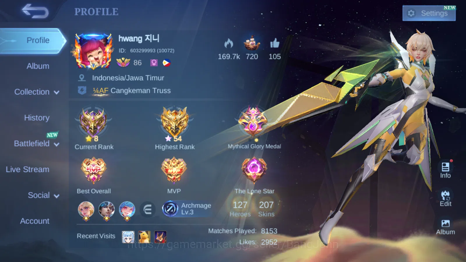 Hero 127 | skin 207 | kof karina | prime beatrix | lightborn tigreal | m3 roger | epic yss | epic freya | epic lancelot |ML653B Mobile Legends: Bang Bang Others Hero 127 | skin 207 | kof karina | prime beatrix | image 1
