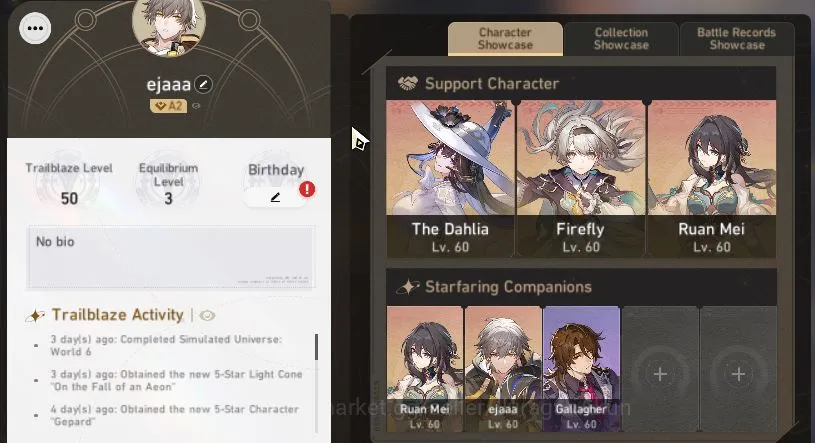 Honkai Star Rail Accounts Mid Game ASIA|TL 50|5 Limit|FireflyE1,The Dahlia,Dan Heng PT,Archer,Rua Mei|Amphoreus|MC Male|Take 2