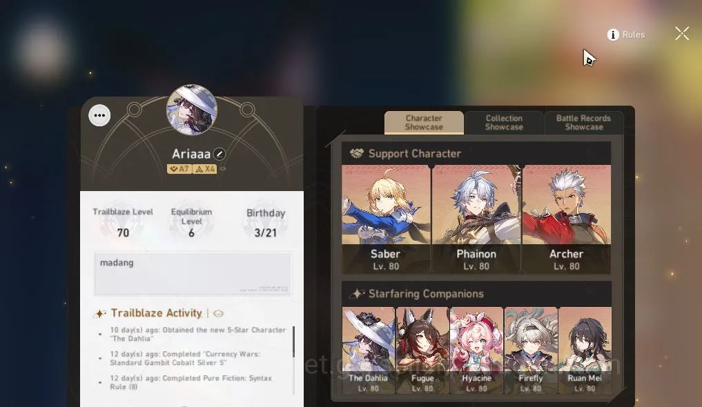 Honkai Star Rail Accounts Mid Game ASIA|TL 70|Firefly Team|16 Limit|[Phainon,Feixiao,Castorice]+Sign,Saber 2