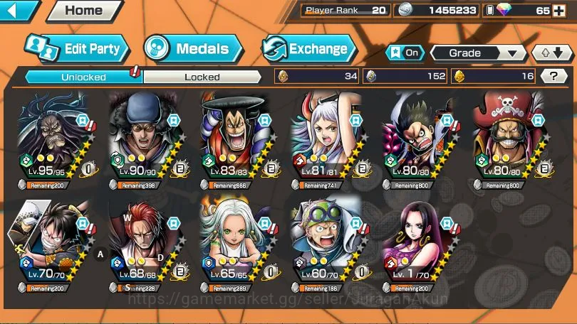 One Piece Bounty Rush Accounts Mid-Tier Global|6 META EX[Kaido,Kuzan,Oden,Yamato,Luffy GF,Roger,Etc]Rank 20|Log Bandai|Check 3
