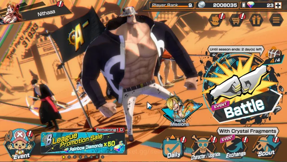 One Piece Bounty Rush Accounts Mid-Tier Global|4 META EX|Kid and Law,Roronoa Zoro,S-Snake,Kozuki Oden|Rank 9|Log