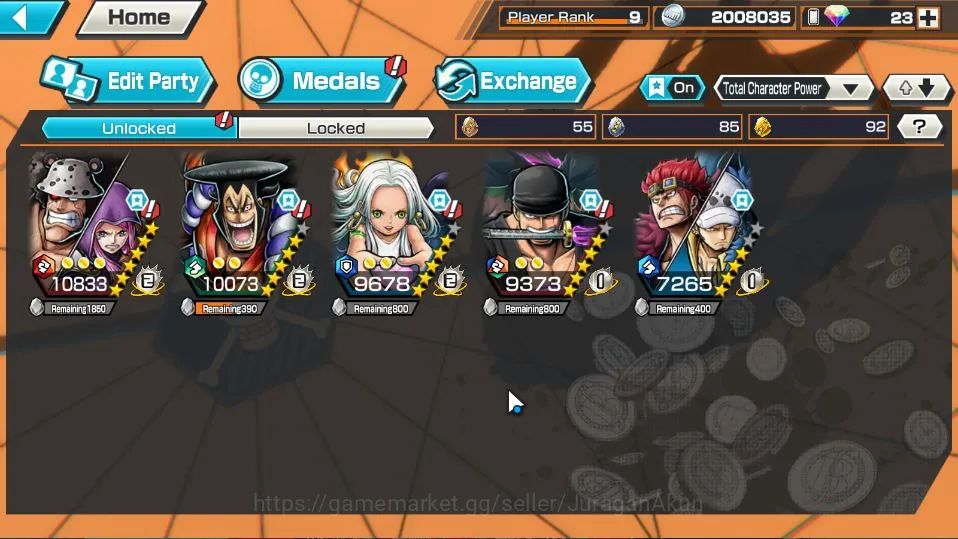 One Piece Bounty Rush Accounts Mid-Tier Global|4 META EX|Kid and Law,Roronoa Zoro,S-Snake,Kozuki Oden|Rank 9|Log 3