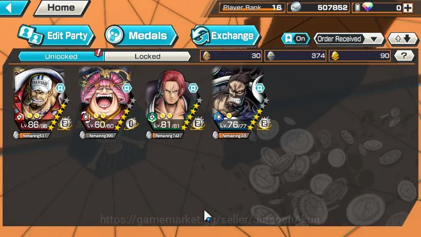 One Piece Bounty Rush Accounts Starter Global | 4 META EX | Sakazuki,Olin The Oiran,Shanks,Kaido | Rank 16 | Log Bandai 3