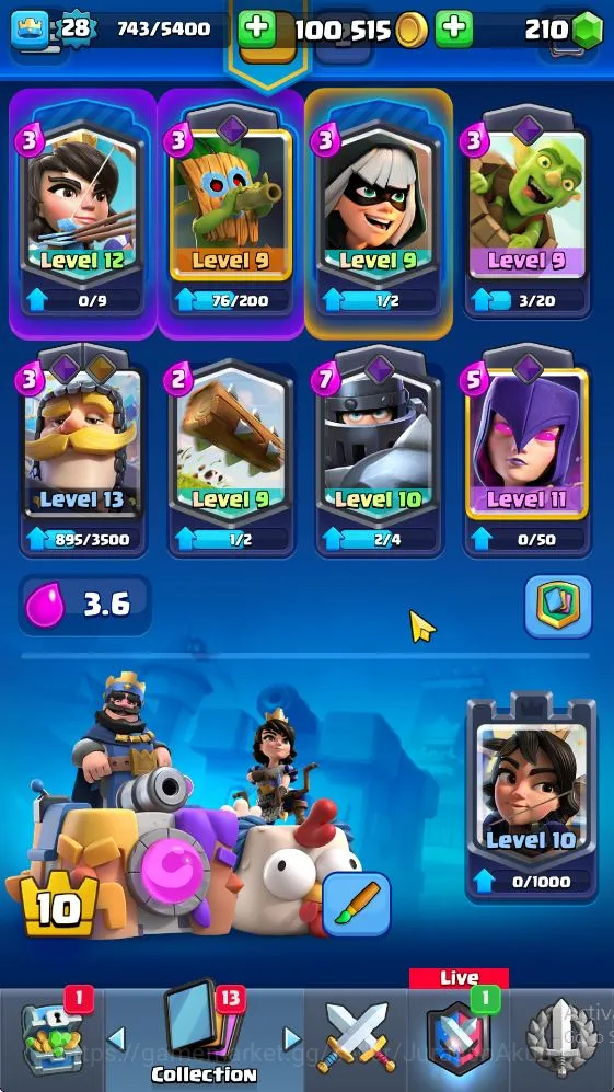 Clash Royale Accounts Midgame Lvl 28|Trophy 5037|KTL 10|Limited Skin Emote|Card 100|2 EVO,14 Legend,28 Epic,29 Rare,29 3