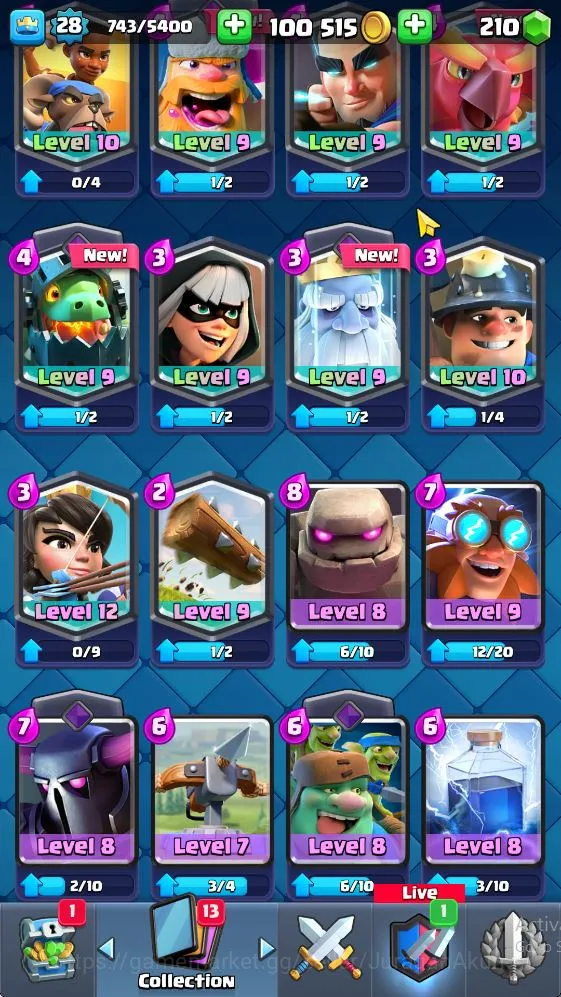 Clash Royale Accounts Midgame Lvl 28|Trophy 5037|KTL 10|Limited Skin Emote|Card 100|2 EVO,14 Legend,28 Epic,29 Rare,29 4