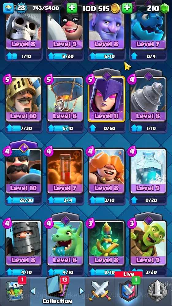 Clash Royale Accounts Midgame Lvl 28|Trophy 5037|KTL 10|Limited Skin Emote|Card 100|2 EVO,14 Legend,28 Epic,29 Rare,29 5
