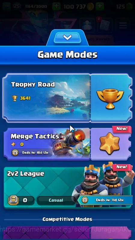 Clash Royale Accounts Midgame Lvl 25|Trophy 3641|KTL 9|Limited Skin|Card 74|3 Evo,2 Legend,22 Epic,24 Rare,26 Common|Take 2