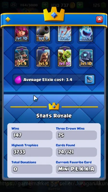 Clash Royale Accounts Midgame Lvl 25|Trophy 3641|KTL 9|Limited Skin|Card 74|3 Evo,2 Legend,22 Epic,24 Rare,26 Common|Take 3