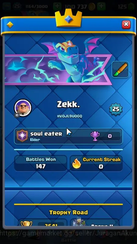 Clash Royale Accounts Midgame Lvl 25|Trophy 3641|KTL 9|Limited Skin|Card 74|3 Evo,2 Legend,22 Epic,24 Rare,26 Common|Take 5