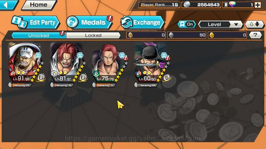 One Piece Bounty Rush Accounts Mid-Tier Global | 4 Meta Extreme [Divine Shanks, Sakazuki, Roronoa Zoro, Film Red 5