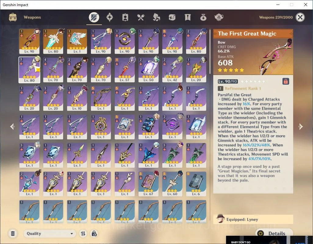 Genshin Impact Accounts End Game ASIA|AR56| 4 Limited +3 [5Star's Weapon]|Lyney+Sign,Nauvill,Clorinde,Baizhu|MC Female|Take 3