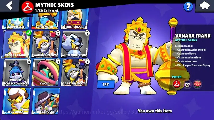 Brawl Stars Accounts 5734 Trophy|15K Bling|34 Brawlers 5 Max Lvl|1 Myth Skins [Vanara Frank] 10 Epic 5 SR Skins|Cn On|Take 10