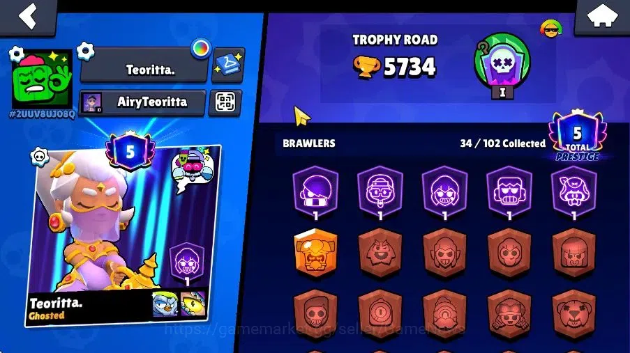 Brawl Stars Accounts 5734 Trophy|15K Bling|34 Brawlers 5 Max Lvl|1 Myth Skins [Vanara Frank] 10 Epic 5 SR Skins|Cn On|Take 2