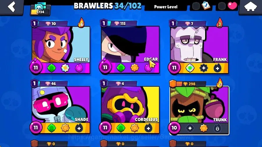 Brawl Stars Accounts 5734 Trophy|15K Bling|34 Brawlers 5 Max Lvl|1 Myth Skins [Vanara Frank] 10 Epic 5 SR Skins|Cn On|Take 5
