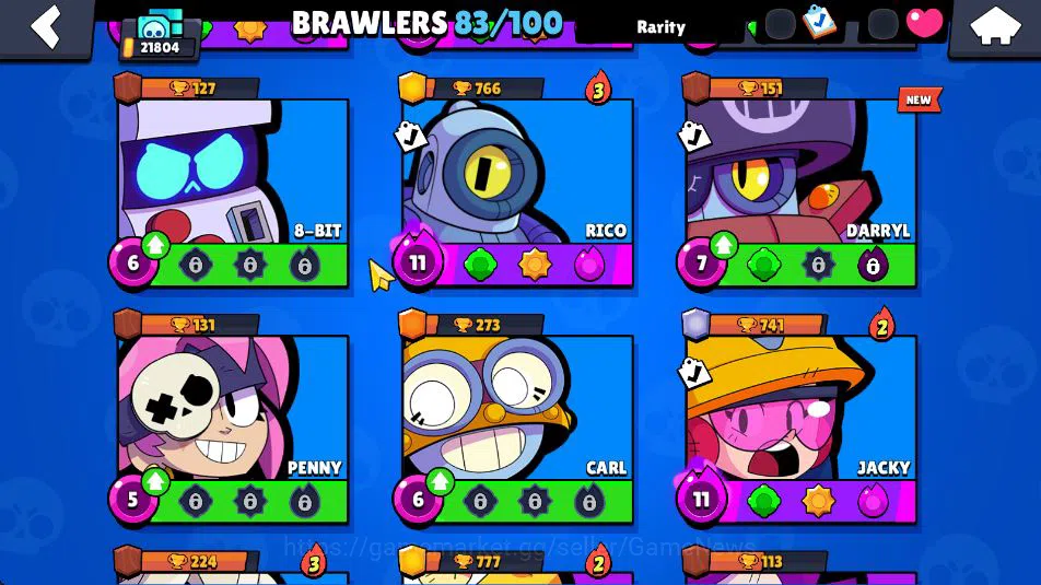 Brawl Stars Accounts 21804 Thropy|83 Brawler 19 Max Lvl|3 Hypercharge(Dustin,Godzilla,S Rico) 3 Legend, 4 Myth, etc|Take 8