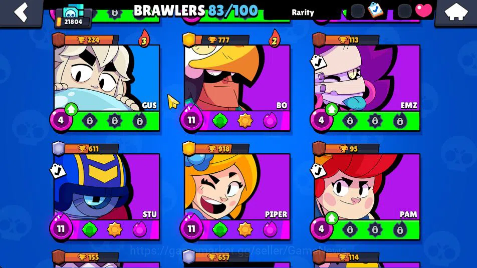 Brawl Stars Accounts 21804 Thropy|83 Brawler 19 Max Lvl|3 Hypercharge(Dustin,Godzilla,S Rico) 3 Legend, 4 Myth, etc|Take 9
