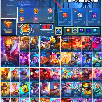 Mobile Legends: Bang Bang Accounts 🔥 #4024 🔥 487 Skins 💎 Legend Franco King of Hell 👑 Mega Collector V ⚔️ 6 King of