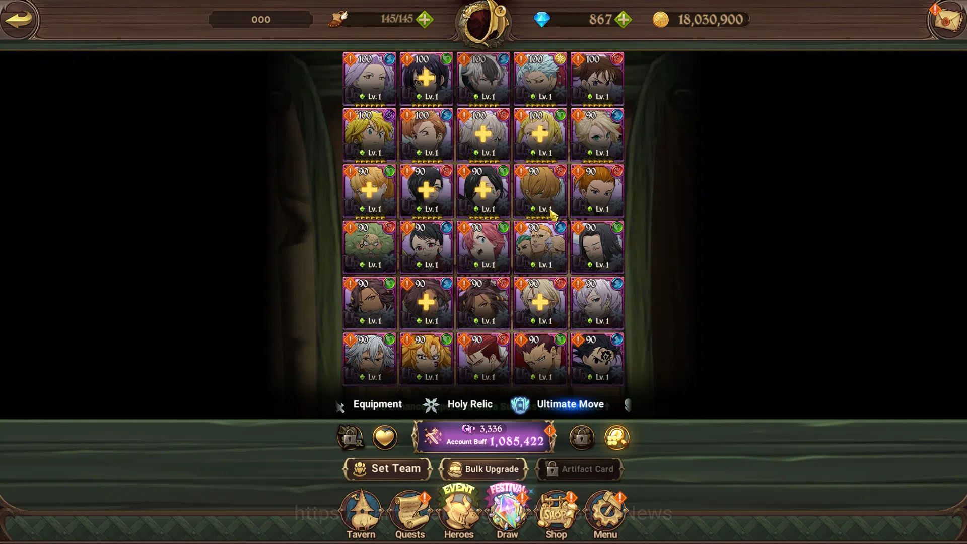 The Seven Deadly Sins: Grand Cross Accounts Midgame Global|1M CC|Starter Ch4|867 Dm| 3 UR | Wandering Knight Gowther,Chaos 3