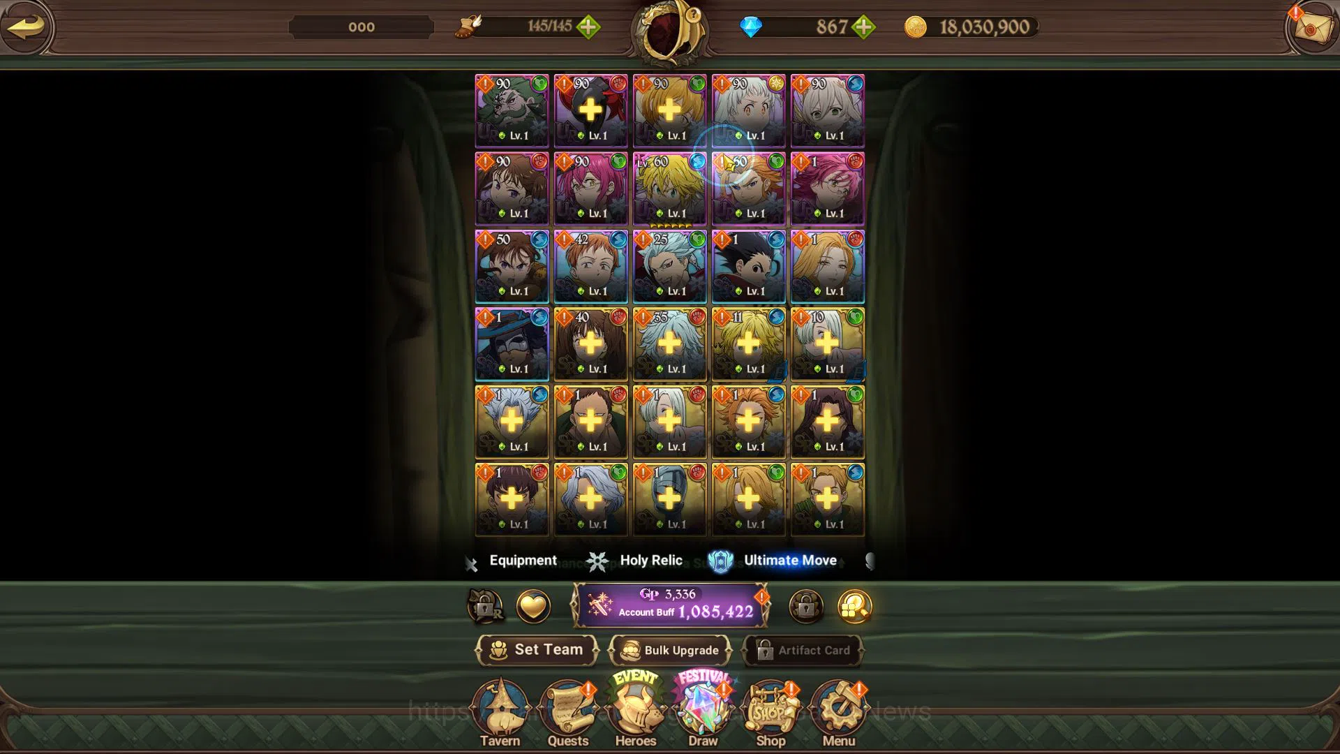 The Seven Deadly Sins: Grand Cross Accounts Midgame Global|1M CC|Starter Ch4|867 Dm| 3 UR | Wandering Knight Gowther,Chaos 7