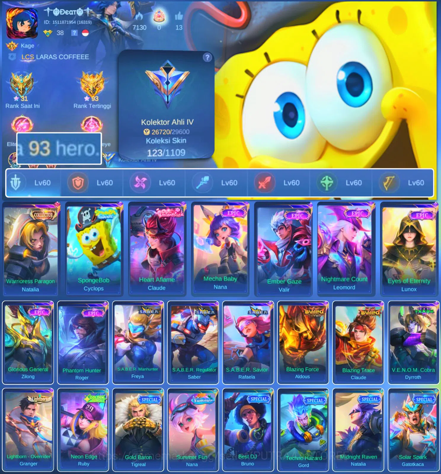 Mobile Legends: Bang Bang Accounts HERO 93 SKIN 123 | EMBLEM ALL MAX|COLECTOR NATALIA image 1