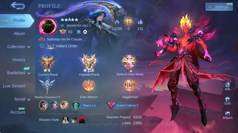 Mobile Legends: Bang Bang Accounts Collector Global|Skin 323|Exalted|Legend Valir,Aspirant Layla,KOF Karina,Collector Titans 1