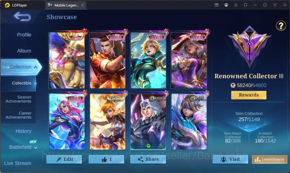 Mobile Legends: Bang Bang Accounts Collector Global|257 SC|Collector|Legend Lesley,KOF 1
