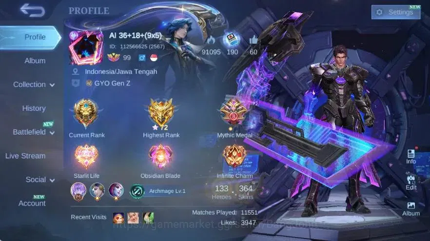Mobile Legends: Bang Bang Accounts Collector Global|Hero 133|Skin 364|Exalted|Legend Alucard,KOF Karina+Aurora+Gusion,PRIME 1