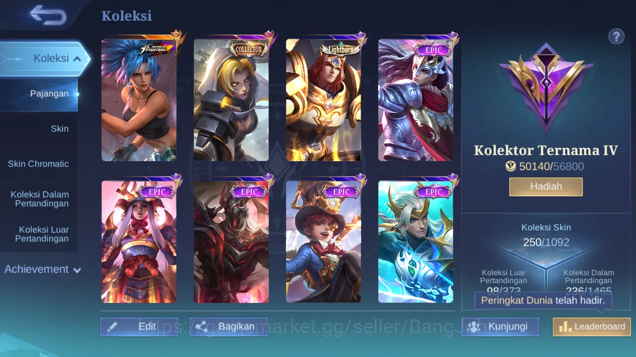 Mobile Legends: Bang Bang Accounts Others Hero 131 Skin 250 | KOF karina | CC Natalia | Dtamer Valir | Seiya Badang | Epic 13
