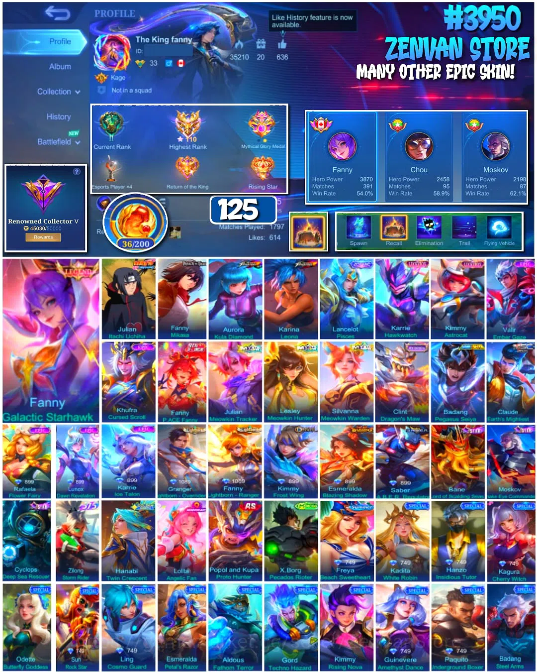 Mobile Legends: Bang Bang Accounts #3950 | 125 Skins | Legend Fanny | Itachi | Attack on Titan Mikasa | KoF Aurora & Karina 1