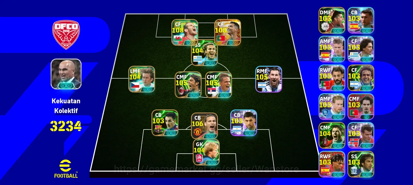 eFootball Accounts Legends & Iconic Players COLLECTIVE 3134, BIGTIME RONALDO 108, GARETH BALE 108, RIO FERDINAND 106, GARETH 1