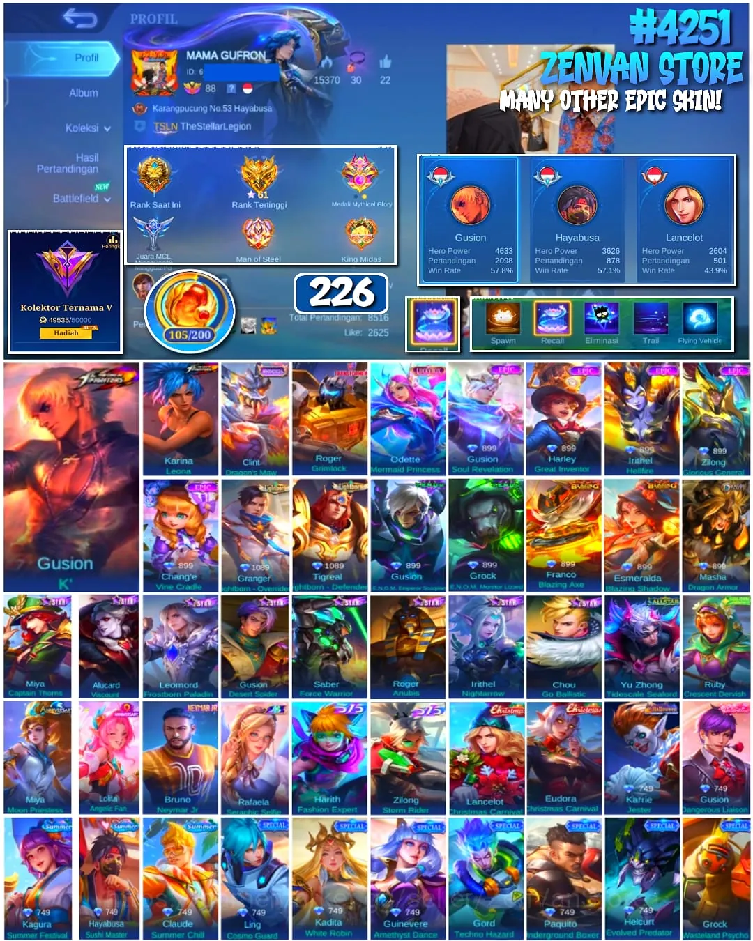 Mobile Legends: Bang Bang Accounts #4251 226 Skins | Gusion K' (King of Fighters) | Karina Leona (King of Fighters) | Roger 1