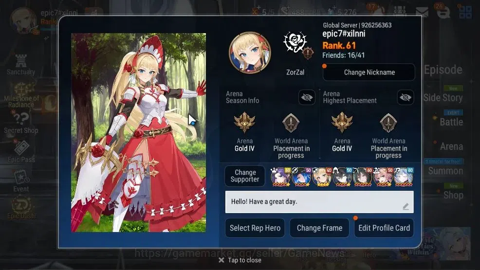 Epic Seven Accounts High-End GLOBAL UnVerif|New Era|12 ML(Salome,BW Iseria,Ab Vildred,Etc)+Aby Fumyr,Ivana|SPD 291 Rinak|5K 2