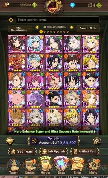 The Seven Deadly Sins: Grand Cross Accounts Midgame ASIA|2,5M CC|5 UR + Collab Blessing + 124 GEMS (Diane 2/6,Arthur