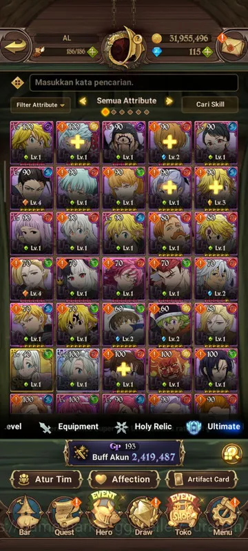 The Seven Deadly Sins: Grand Cross Accounts Midgame Asia |2,4M CC| 1LR + 2UR + 115 Gems (Elizabeth, Gowther, Lancelot) |Code 2