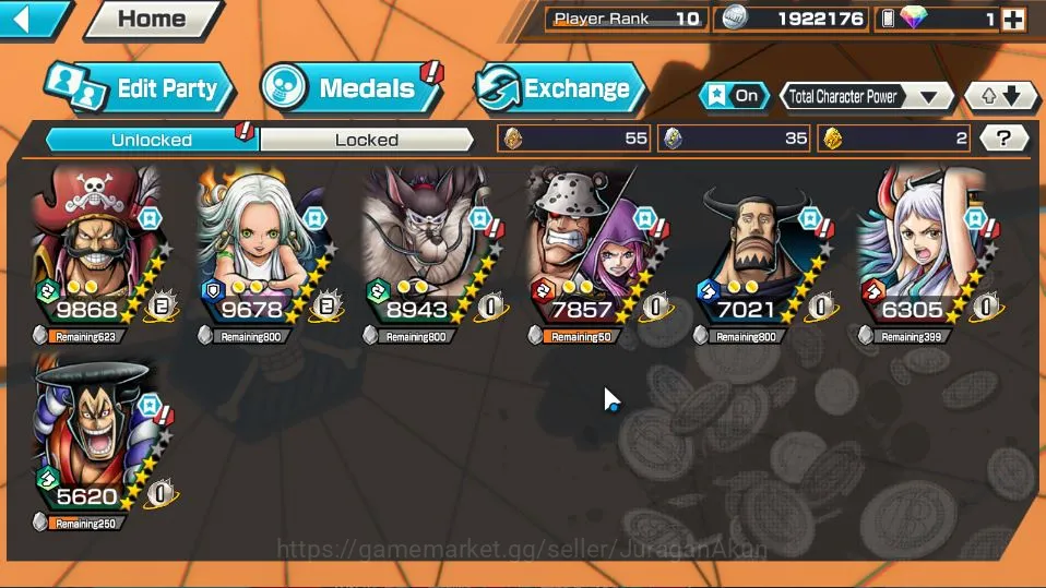 One Piece Bounty Rush Accounts Starter Global | 4 META EX | Yamato, Gol D Roger, Kozuki Oden, S-Snake | Rank 10 | Log Bandai 2
