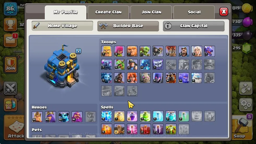 Clash of Clans Accounts Mid-Tier TH 12 - BH 5 Lvl 86 |Thropy 3295| HH 6 |BK 36-AQ 45-MP 22-GW 14-RC 0|Free CN OFF|Protect 4