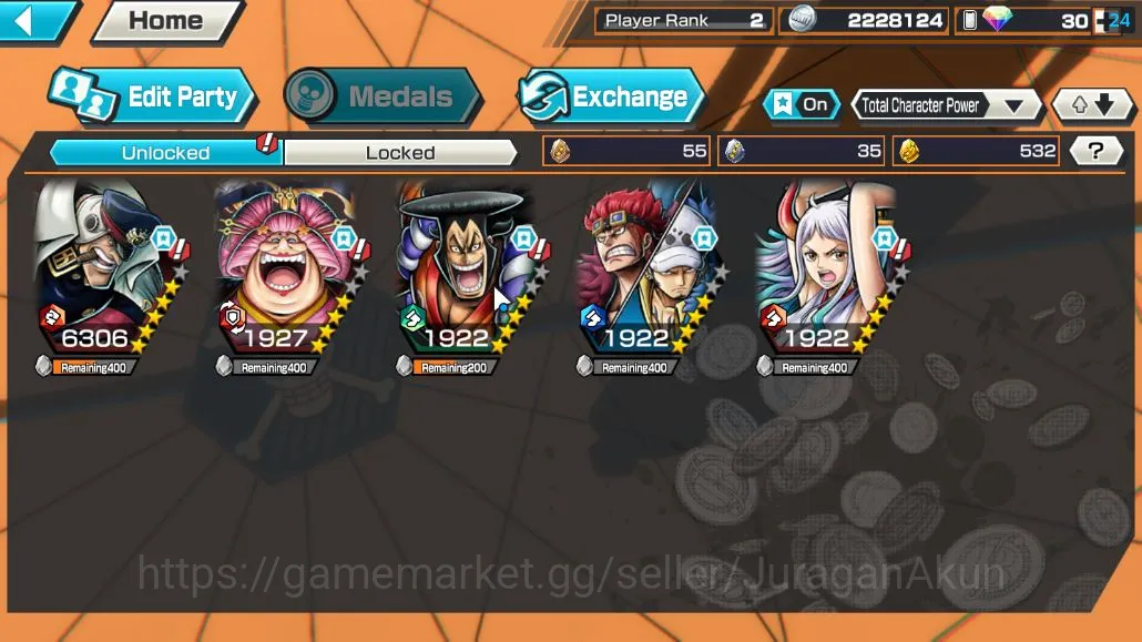 One Piece Bounty Rush Accounts Mid-Tier Global| 4 META EX | Oniga Oiran, Daimyo Oden, Oniga Kid&Law, Son Yamato | Rank 2 5