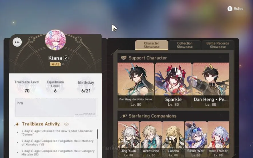Honkai Star Rail End Game Asia |TL 70|11 limited|[Aventurine E1,Cyrene+Sign, image 1
